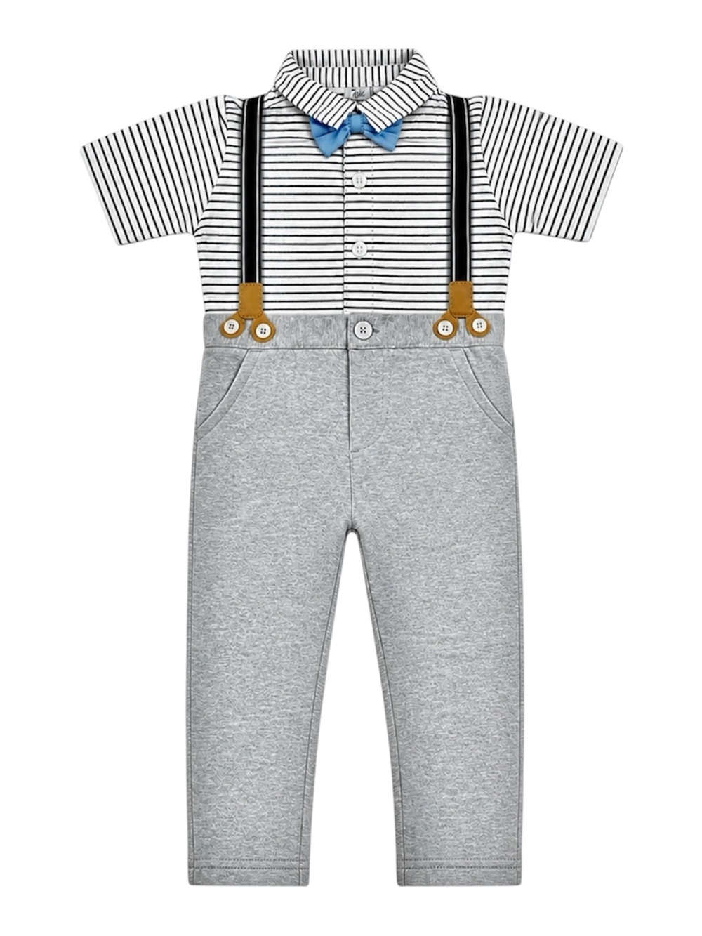 Rene Rofe Baby 18M Boys Outfit Set Gray Suspender Pants Shirt Bow Tie GUC